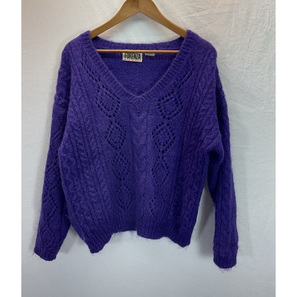 VTG‎ 80s Y2K deep Purple chunky Cable Knit Mohair  Forenza Sweater v-neck MD